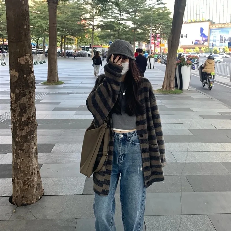 Vintage Gestreept Vest Vrouwen Herfst Oversized Luie Stijl Gebreide Trui Y 2K Dames Koreaans High Street Vest Met Lange Mouwen