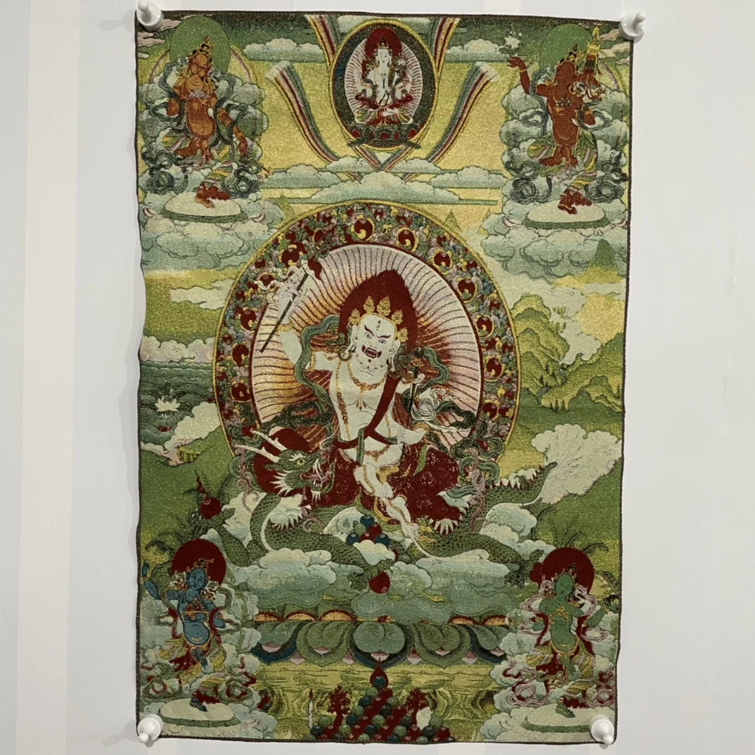 

35"Thangka Embroidery Tibetan Buddhism silk Embroidery brocade Nepal White Jambhala Thangka Hanging screen Worship Hall