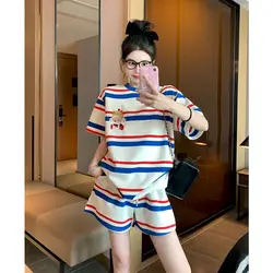 Striped Sports Casual Sets for Women Street Fashion Design Short Sleeve T Shirt and Shorts Two Piece Set 2024 Summer Y2k Suits