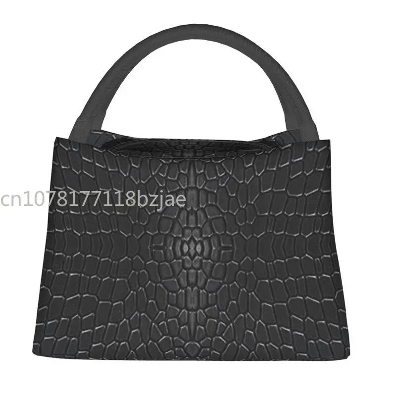 Black Crocodile Skin Leather 3D Print Insulated Lunch Tote Bag for Women Alligator Texture Resuable Thermal Cooler Bento Box