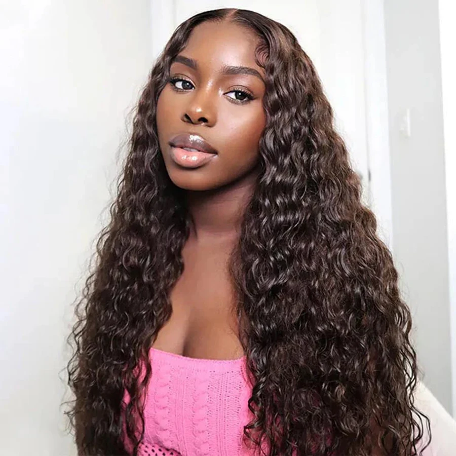 

13x6 HD Lace Front Wig Chocolate Brown Deep Wave Human Hair Curly Wigs 40 30 Inch Reddish Brown Colored Wig #4 Preplucked