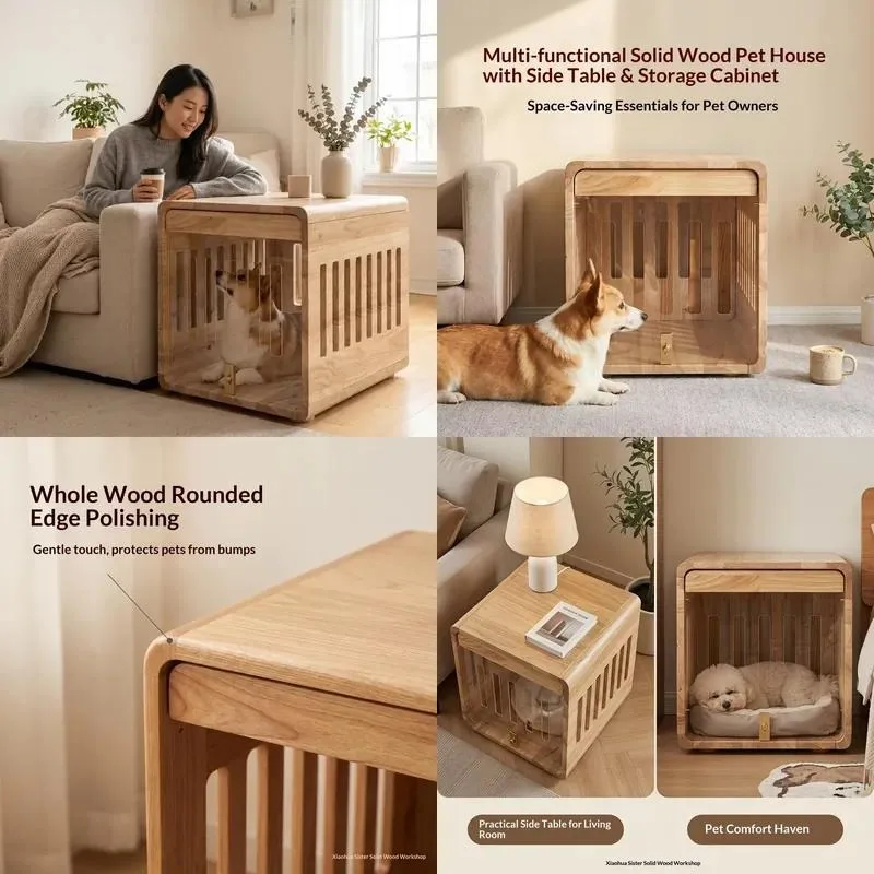 Solid Wood Dog Bedside Table Dual Purpose Cabinet with Transparent Window Space Saving Almost Invisible Sofa Style Open