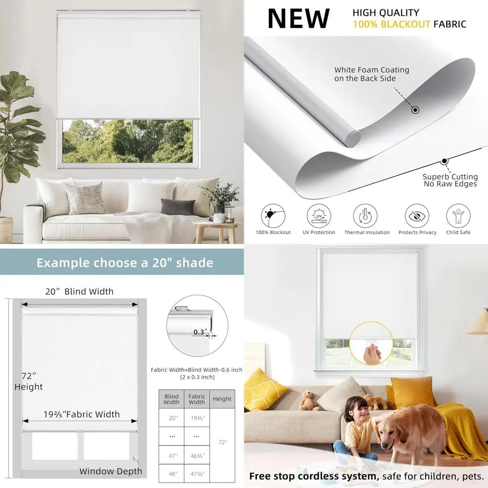 

100% Blackout Cordless Roller Shades, Thermal Insulated with UV Protection, Easy Install, White, 30x72