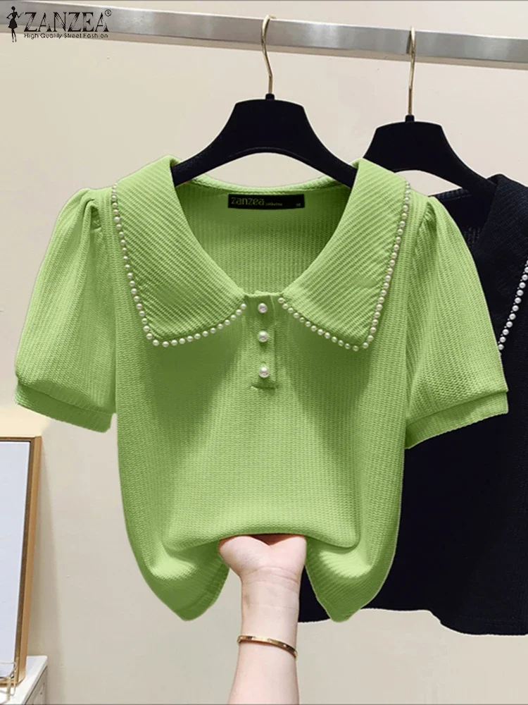 

ZANZEA Fashion Knitting Shirts Women Blouse 2025 Summer Lapel Neck Short Sleeve Pearl Solid Tunic Tops Casual Elegant Blusa