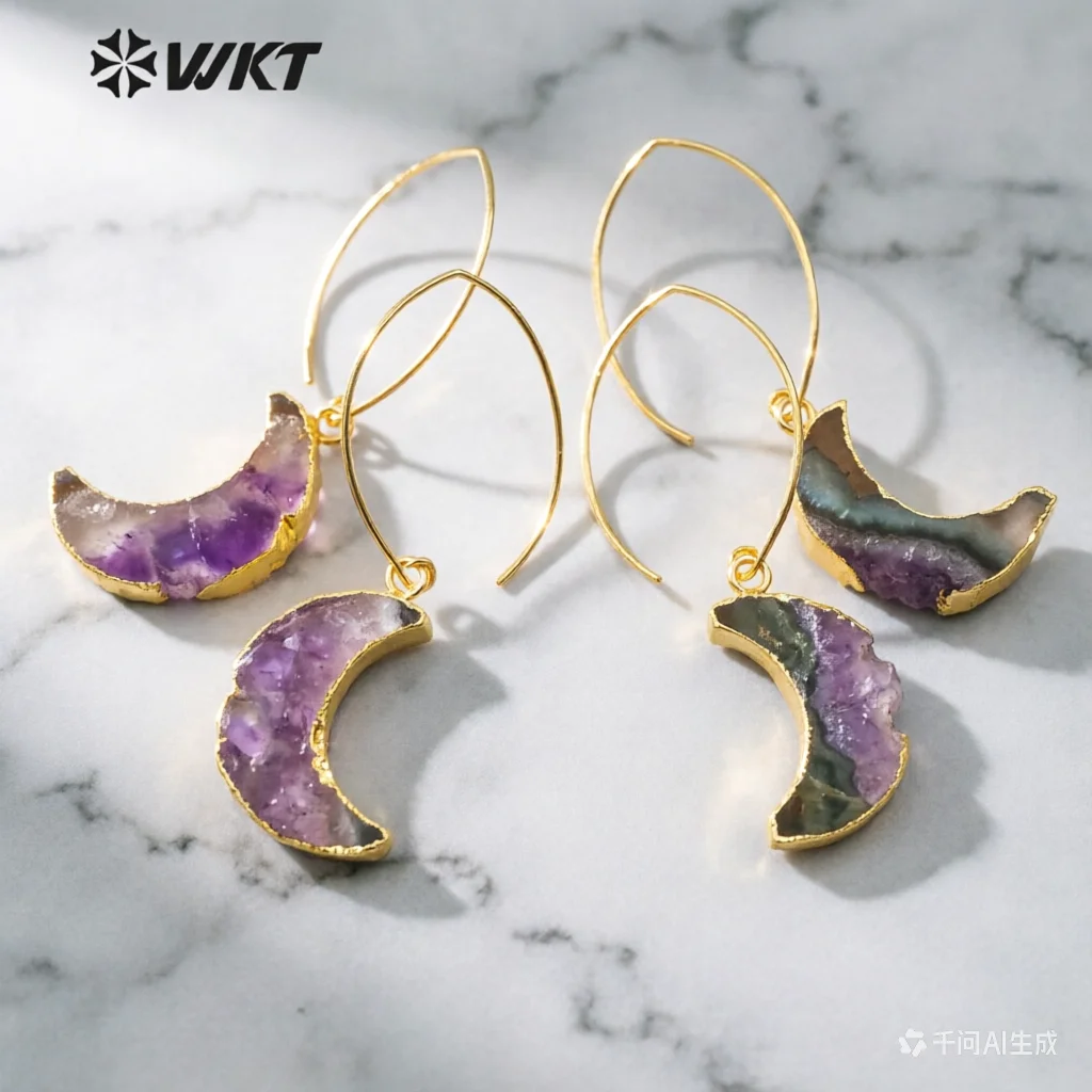 WT-E666 WKT Delicate Moon Shape Amethysts Earrings Purple Stone Earrings Special Women Jewelry Accessory Natural Stone Earrings