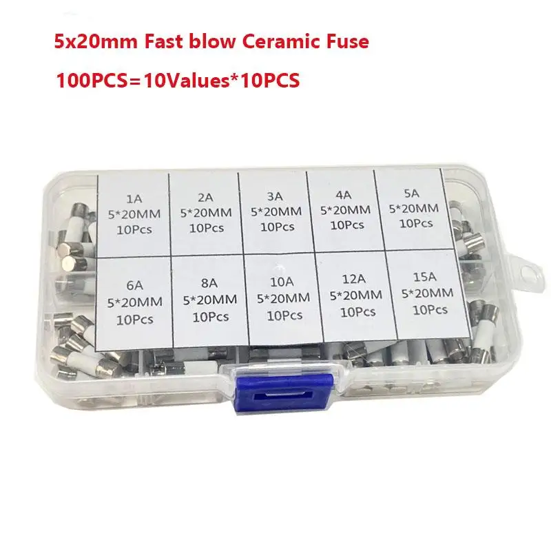 100Pcs 5X20mm Glass Fuse assorted/Ceramic Fuse sets Tube Glass Fuse 5*20 Fast Blow Ceramic Fuse 100PCS 0.2A-20A