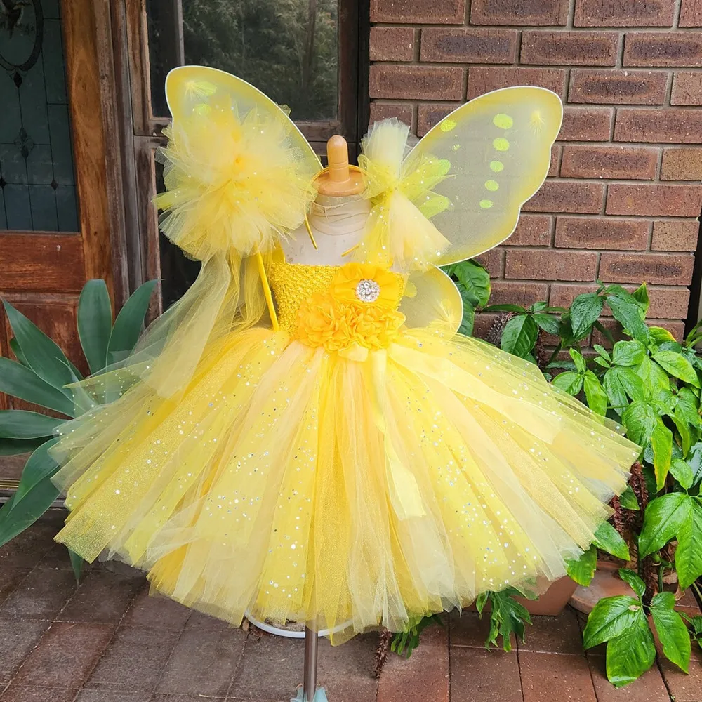 Girls Yellow Flower Fairy Dress Kids Glitter Tutu Dresses with Wing and Stick Hairbow Children Birthday Christmas Party Costumes