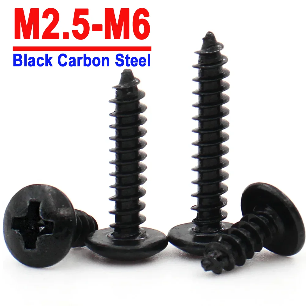

20/50/100pcs M2.6 M3 M3.5 M4 M5 Black Carbon Steel Cross Recessed Mushroom Head Phillips Truss Head Self Tapping Screw L:5-50mm