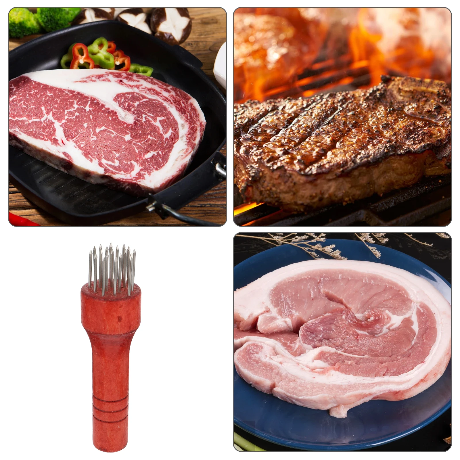

Meat Tenderizer Stainless Steel Wood Handle Piercing Tool for Steak Pork Tenderizing Gadget Kitchen Pounder Non Slip Practical