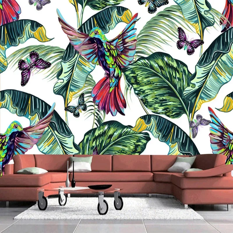 Custom 3D Green Leaf Butterfly Bird Large Mural Nordic Modern Living Room Restaurant Kitchen Wall Decor Painting Wallpaper Tapet