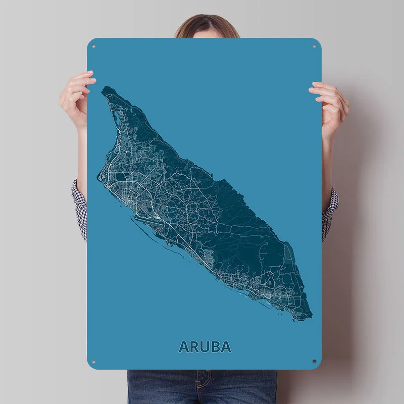 Aruba Island Map Tin Plaque Poster Customized Retro Wall Art Vintage Metal Signs for Room Home and Decoration Gaming Desk Decor