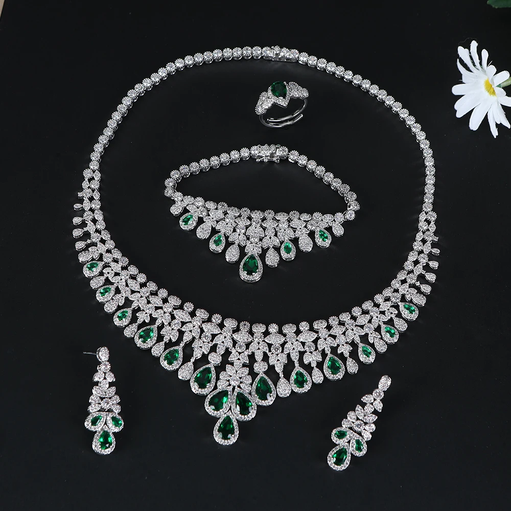 1 Set Silver & Green Teardrop Crystal Floral Cluster Jewelry Set for Luxury Gala Fashion Women's Dazzling Jewelry Gift for Anniv