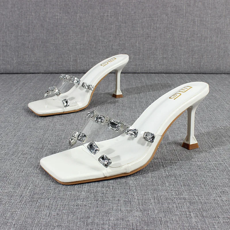 

Fashion Slippers 2024 Summer New PVC White One Word With Crystal High-heeled Sandals Stiletto Simple Women's Shoes