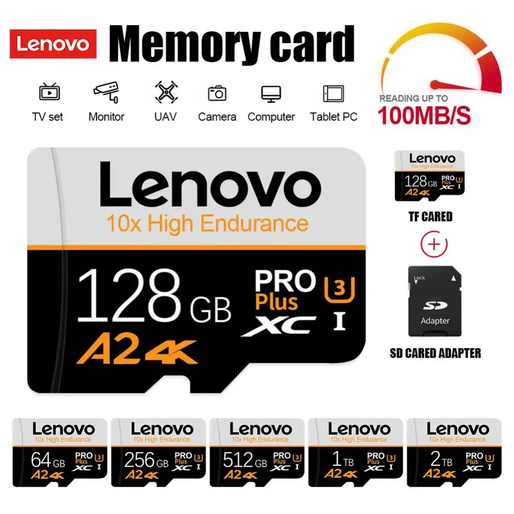 Lenovo-Cartões SD de Memória Flash, Micro TF, Cartão SD, Adaptador, Telefone Android, 1TB, 128GB, 32GB, 64GB, 256GB