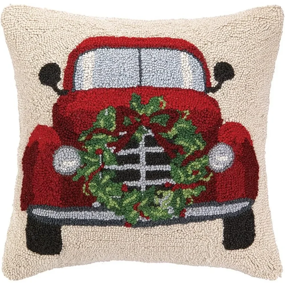 

Christmas Car Hook Pillow - 18-Inch Wool Square Throw Pillow for Holiday Décor