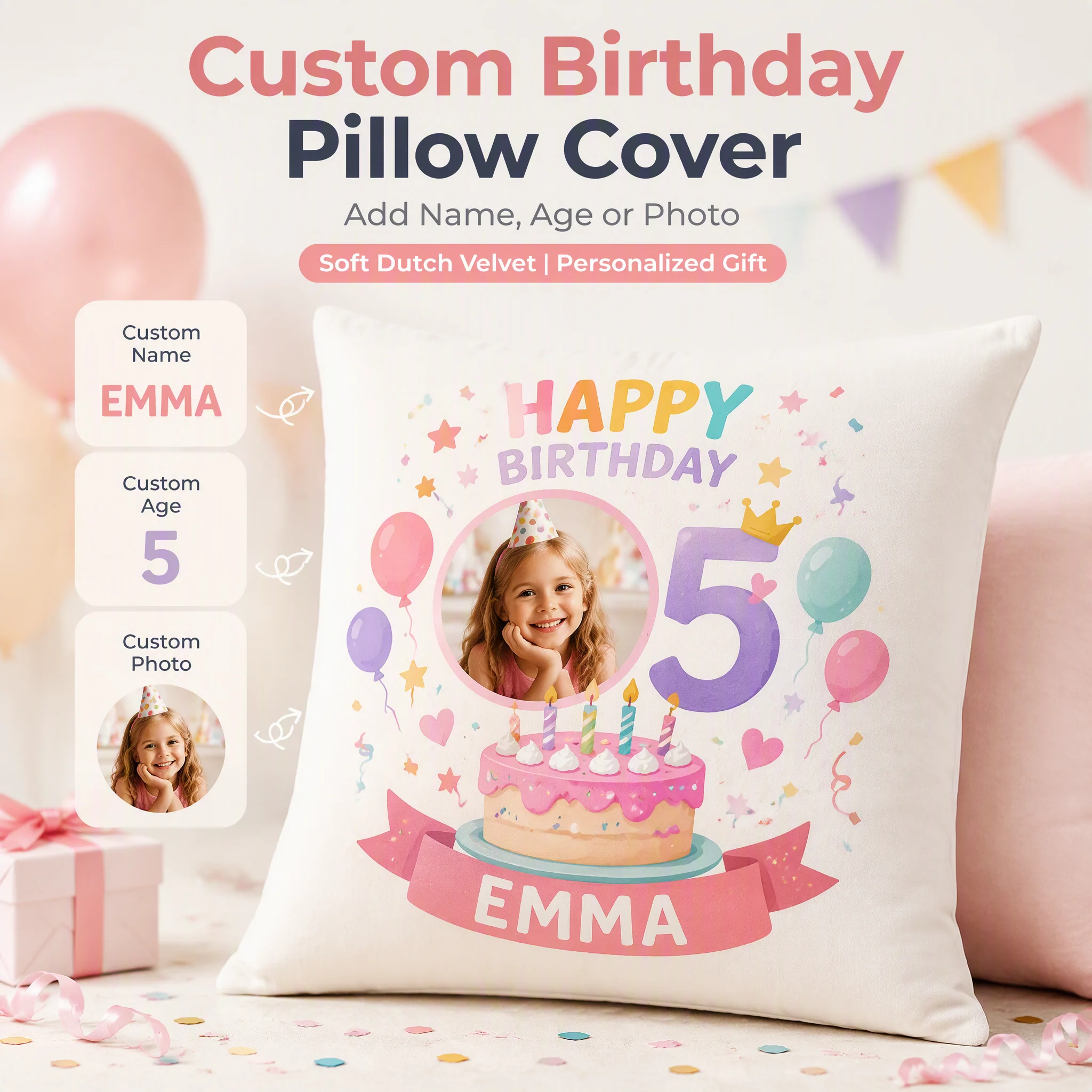 Custom Birthday Dutch Velvet Pillow Cover Personalized Name Photo Cushion Case Birthday Gift Home Decor