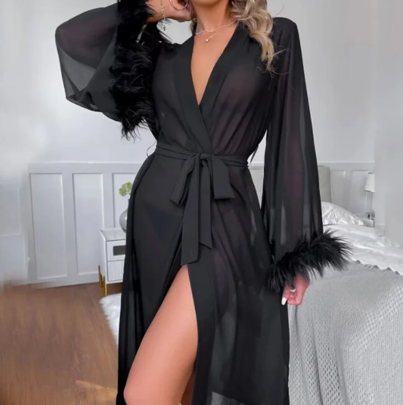 

Summer Women's Black Sexy Satin Nightgown Simulation Silk Feather Long Flared Long Sleeve Nightgown Bridal Morning Gown Homewear