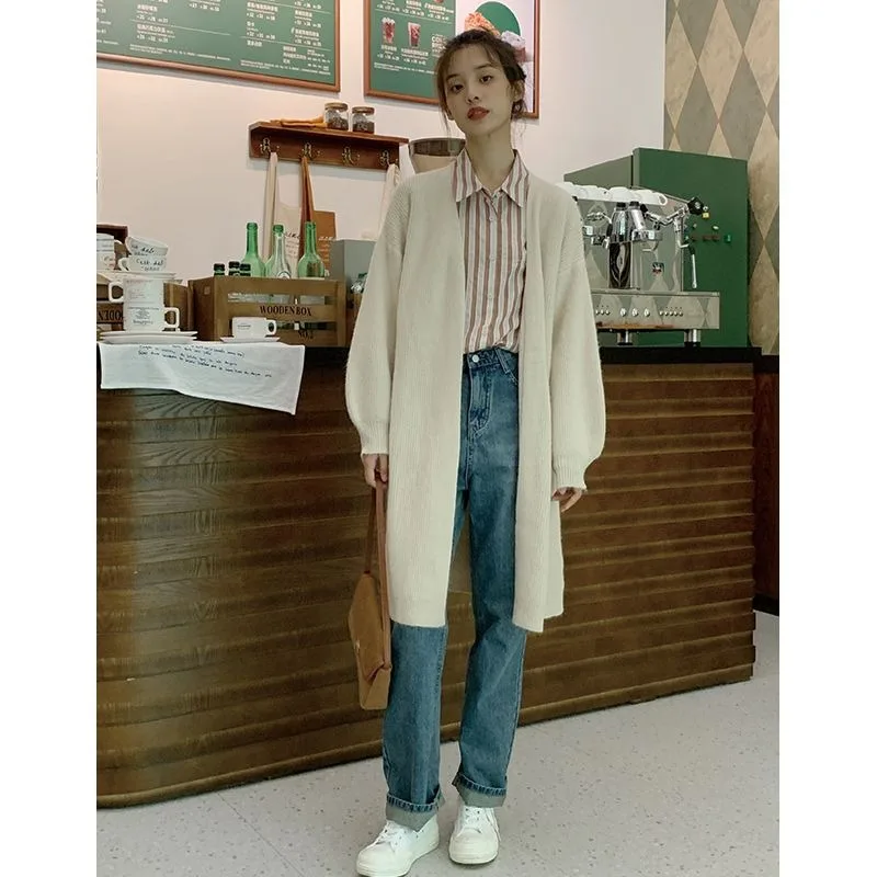 Women Solid Mid Long Knit Cardigan Autumn Winter Korean Loose Soft Warm Sweater Outerwear S-XXL