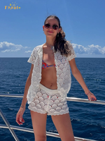 Knitted Hollow Out Shorts Set Women O Neck Short Sleeve Beach Vacation 2 Piece Set Solid New Summer 2025 Lady Holiday Outfit