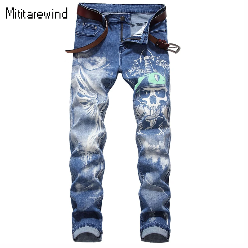 

Blue Printed Jeans High Street Fashion Casual Jeans Men Cotton Mid Waist Micro Stretch Full Length Trousers Chic Versatile Pants