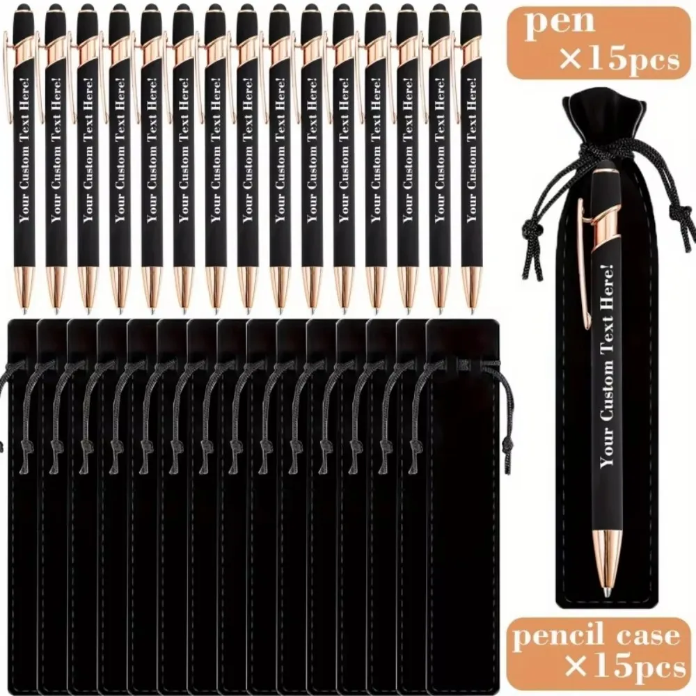 15Sets Customizable Engraved Metal Ballpoint Pens with Durable Case + 15pcs Custom Pen Bags - Bulk Writing Utensils for Business