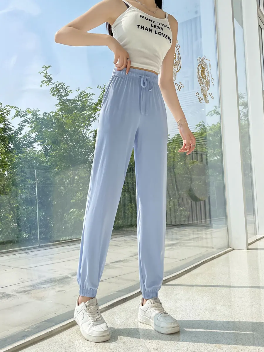 Damskie spodnie sportowe z lodowego jedwabiu, szybkoschnące, letnie, cienkie, dopasowane, luźne spodnie do biegania, duży rozmiar, przedłużone spodnie typu lantern.