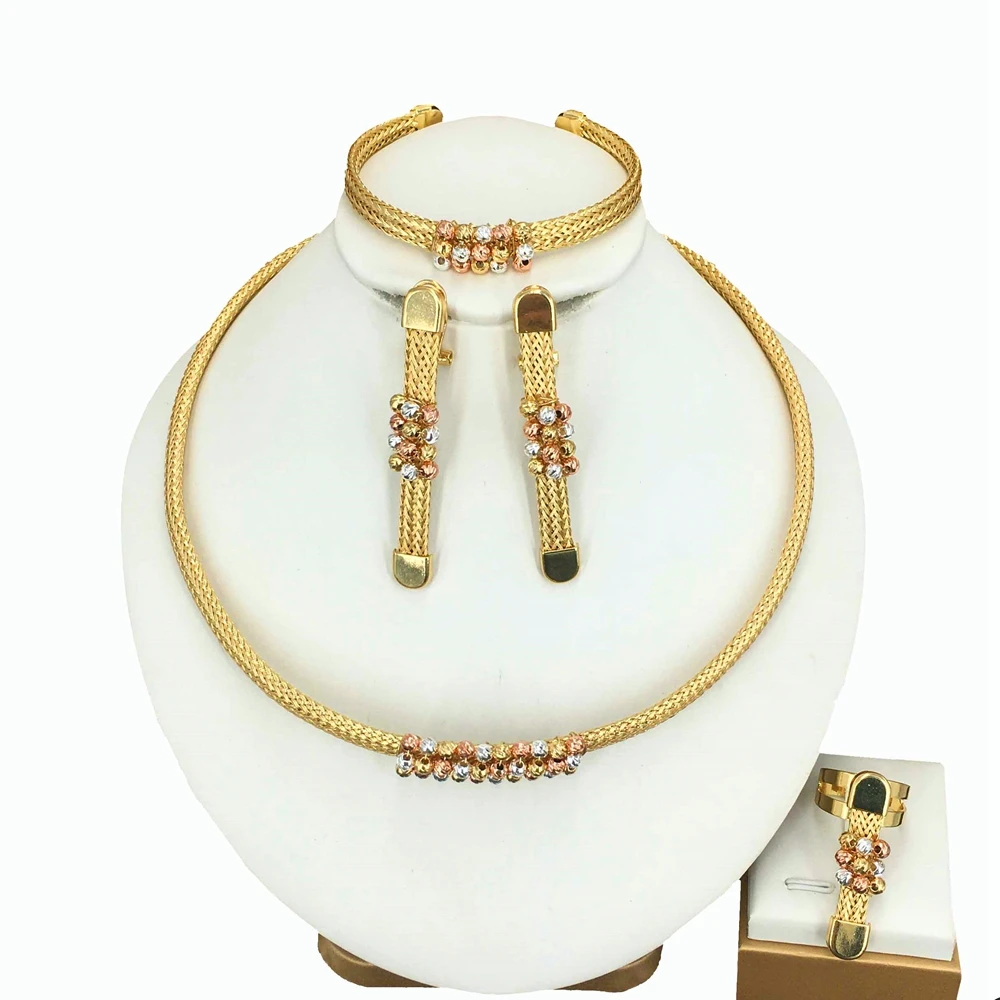 

Fashion Women Jewelry Set Latest Trendy Brazilian Dubai Gold-Plated Wedding Bridal Colorful Beads Necklace Gifts FHK16029