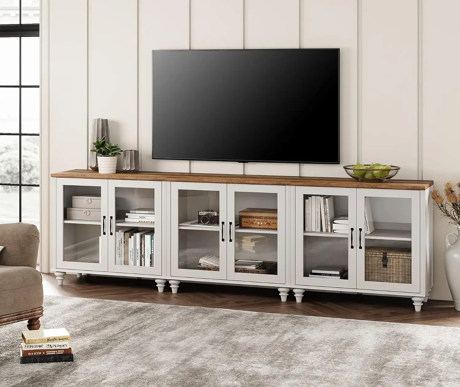 100 Inch TV Stand Glass Door Wood Entertainment Center for 75 80 85 Inch TV Modern Media Console 6 Storage Cabinets Living Room
