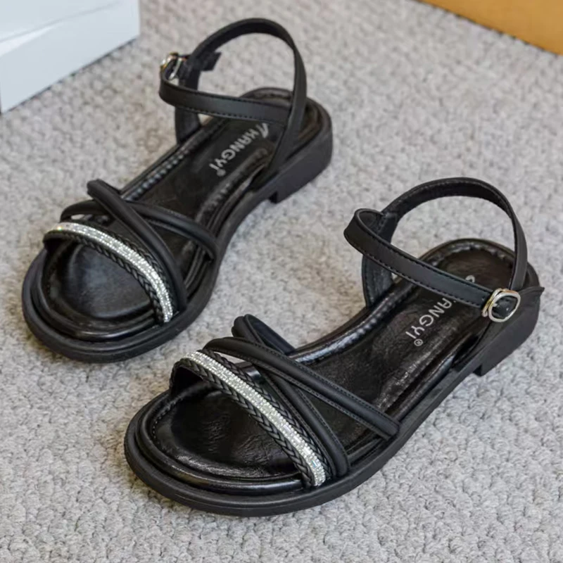 large-size-roman-style-sandals-flat-bottom-soft-sole-one-strap-diamond-embellished-black-summer-comfortable-footwear