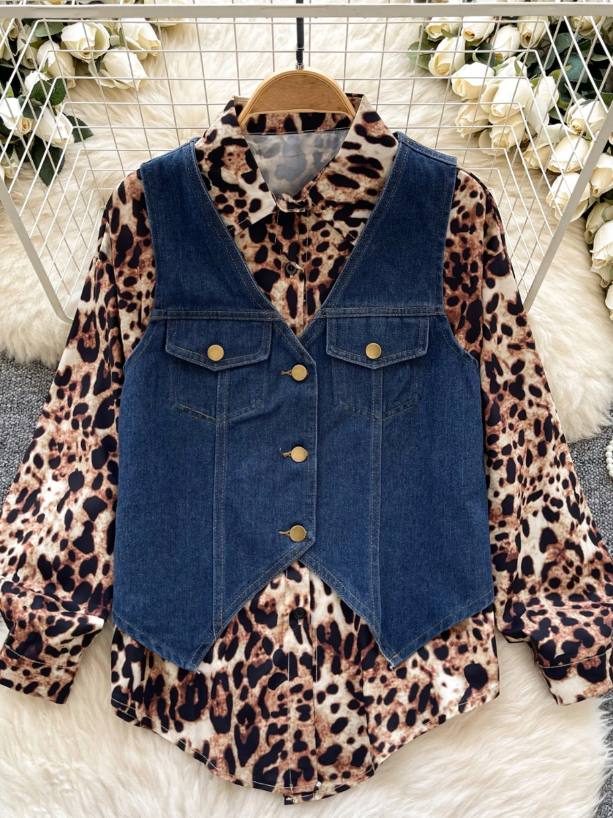 Spicy Girl Retro Shirt 2 Piece Set Spring Leopard Print Lapel Shirts +Single Breasted Sleeveless Denim Vest Women'sClothing