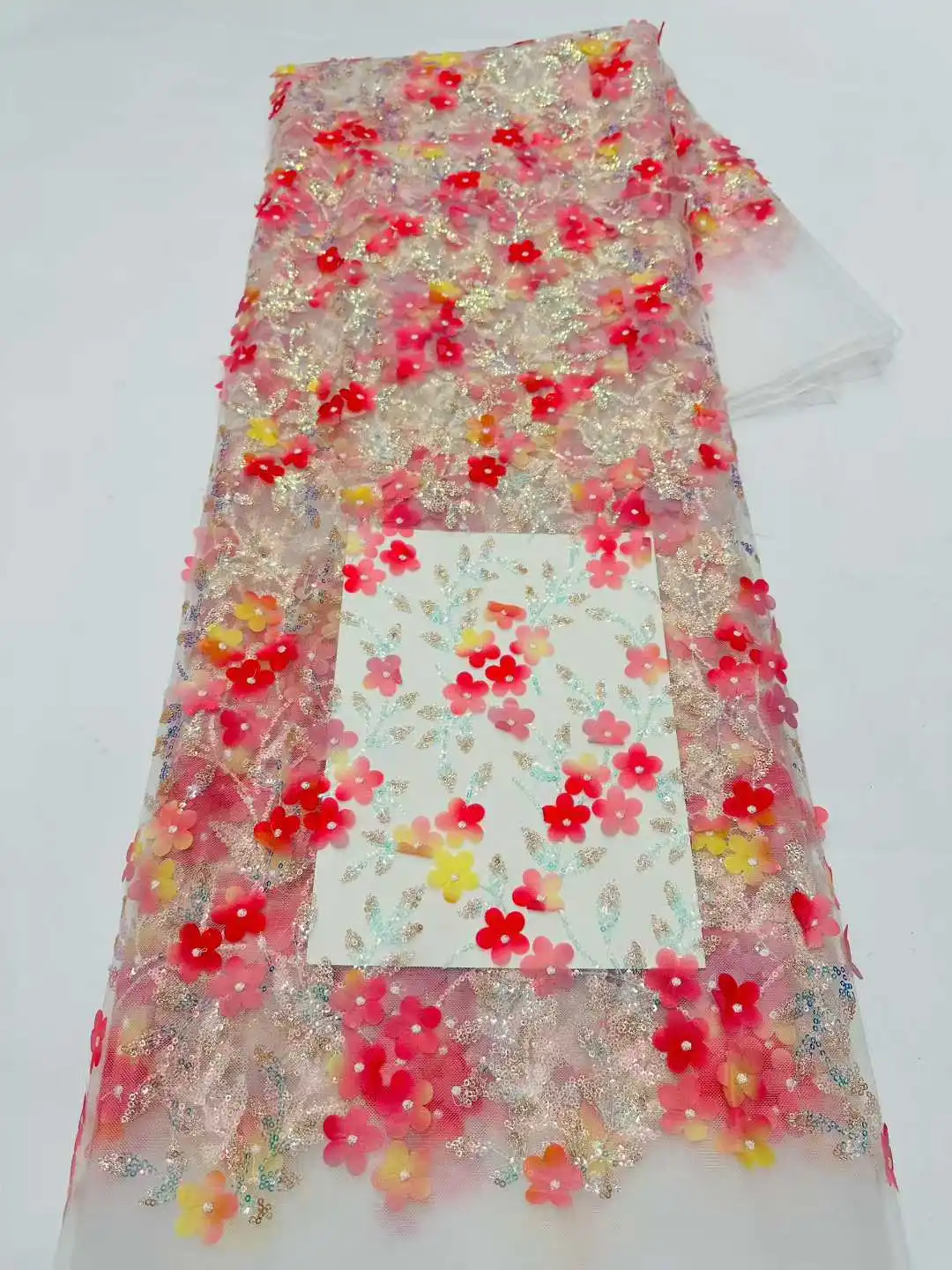 

African 3d Flower Nigerian Sequins Embroidery Tulle Lace Fabric 5Yards High-Quality Lace Fabric For Prom Dresses