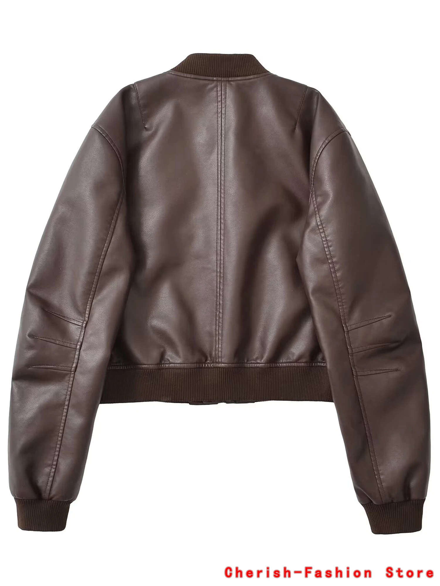 Women's new vintage imitation leather bomber jacket coat top women's style Leather Long Sleeves Jacket Zipper Short Coat