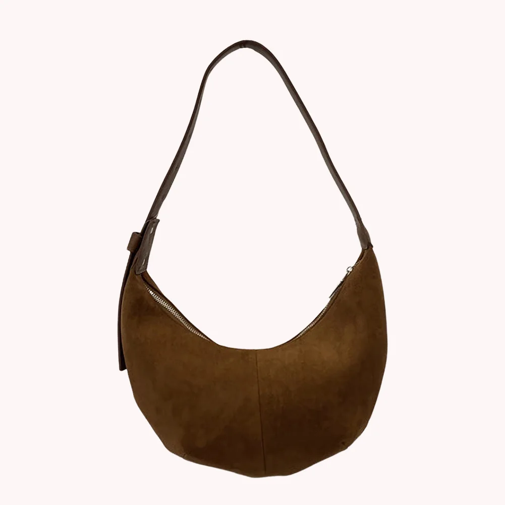 

Women Suede Shoulder Bag Zipper Closure Crescent Bag Solid Retro Handbag Trendy Clutch Purse for Work Travel