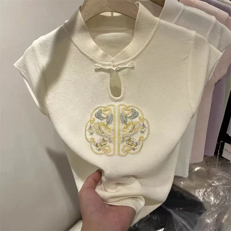 

Summer New Chinese Style Short sleeved Round Neck Loose Slimming T-shirt New Chinese Embroidered Top