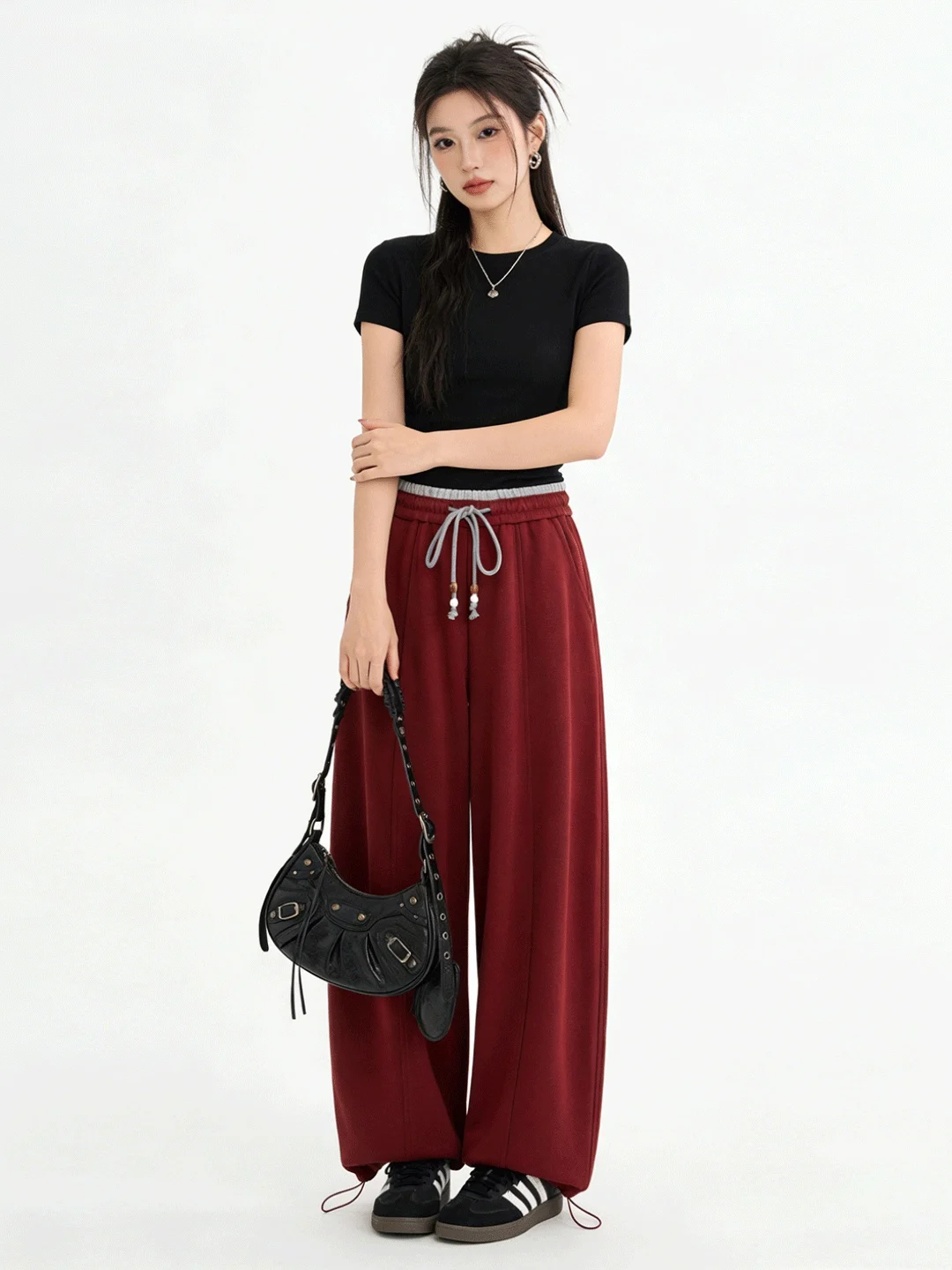 

Женские повседневные брюки с высокой талией в американском ретро-стиле, красные, свободные, широкие, укороченные (7/8), на резинке, универсальные, для ранней весны, в стиле кэжуал