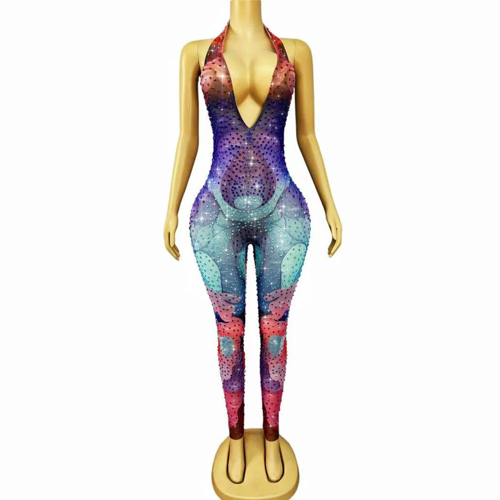 

Women Sexy Shining Rhinestones Deep V-neck Mesh Jumpsuit Birthday Party Show Fashion Outfit Singer Dancer Performance Stage Wear