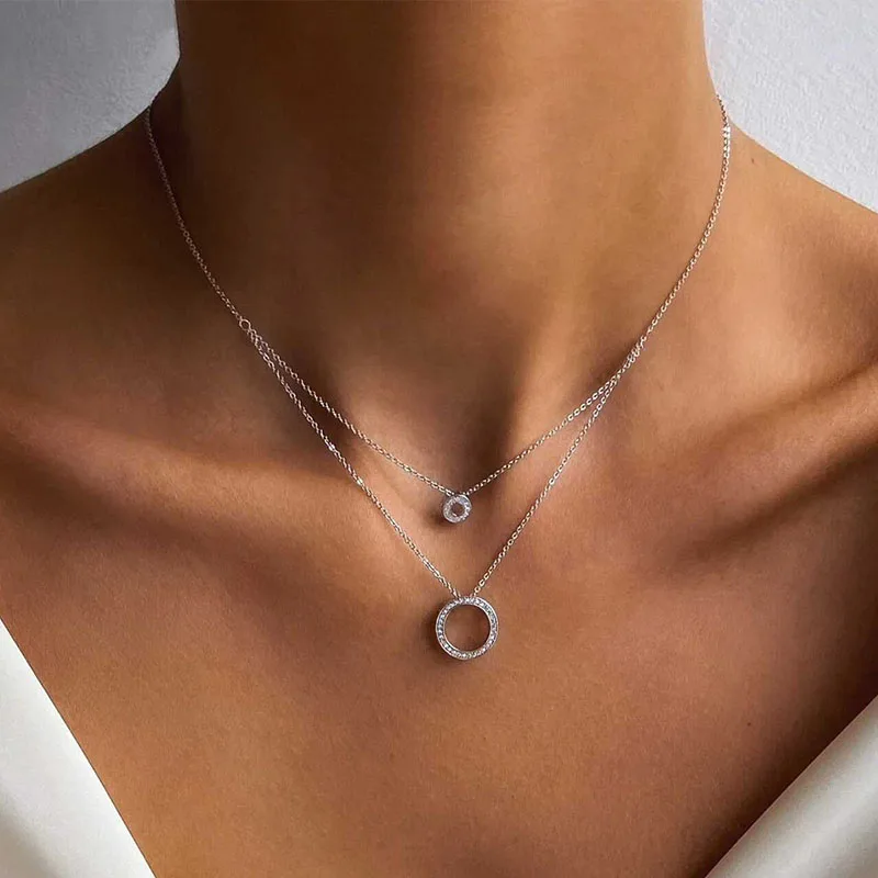 

S925 Sterling Silver Double-Deck Circle Zircon Pendant Long O-Chain Choker Necklace Spring Women Wedding Fine Jewelry Wholesale