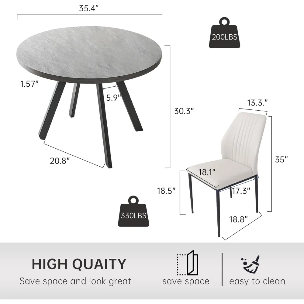 5 Piece Dining Table Set for 4 Modern Dining Table + 4 White Chairs Round Dining Table Set