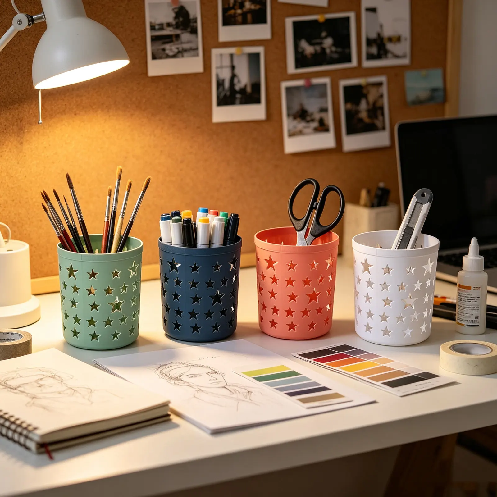 4Pcs Decorative Storage Buckets Five-Pointed Star Hollowed Pen Holders Desktop Organizer Pen Container Brush Holder - view 2