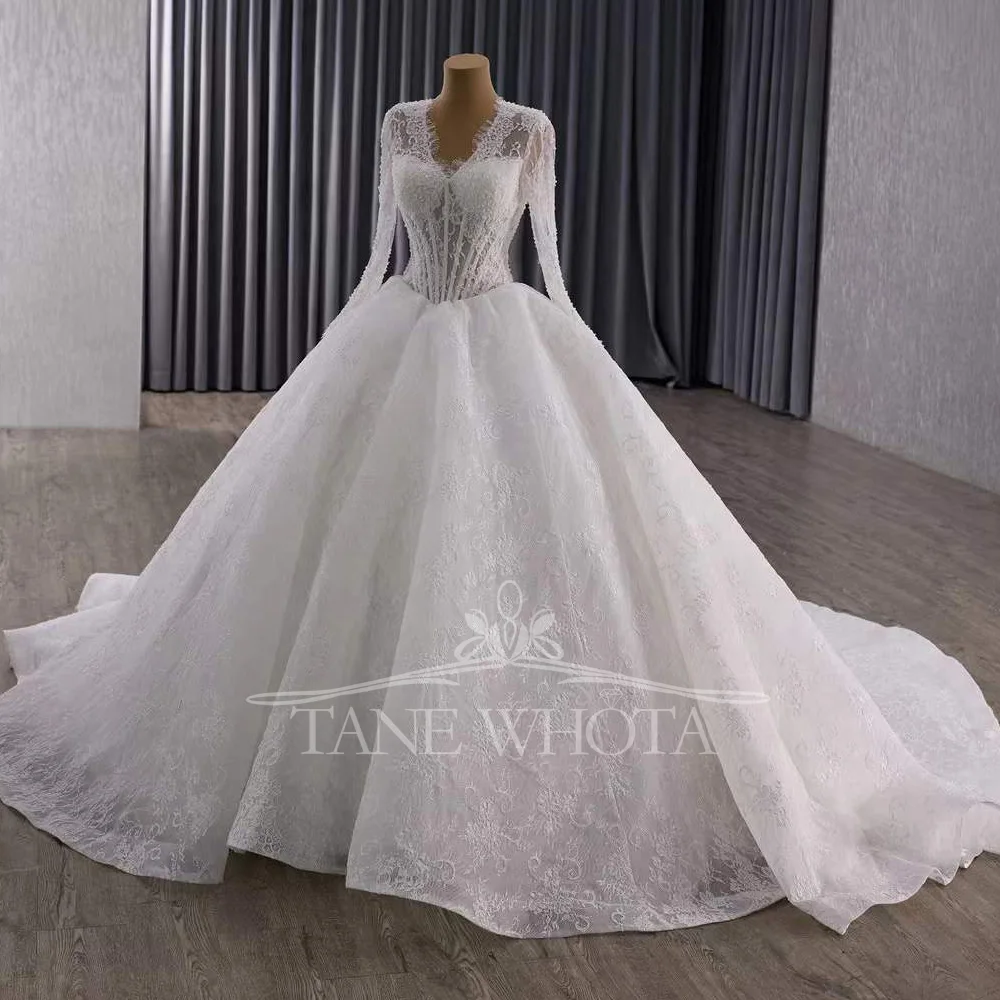 

Роскошное свадебное платье с v-образным вырезом и длинными рукавами, халат Mariee с вышивкой бисером