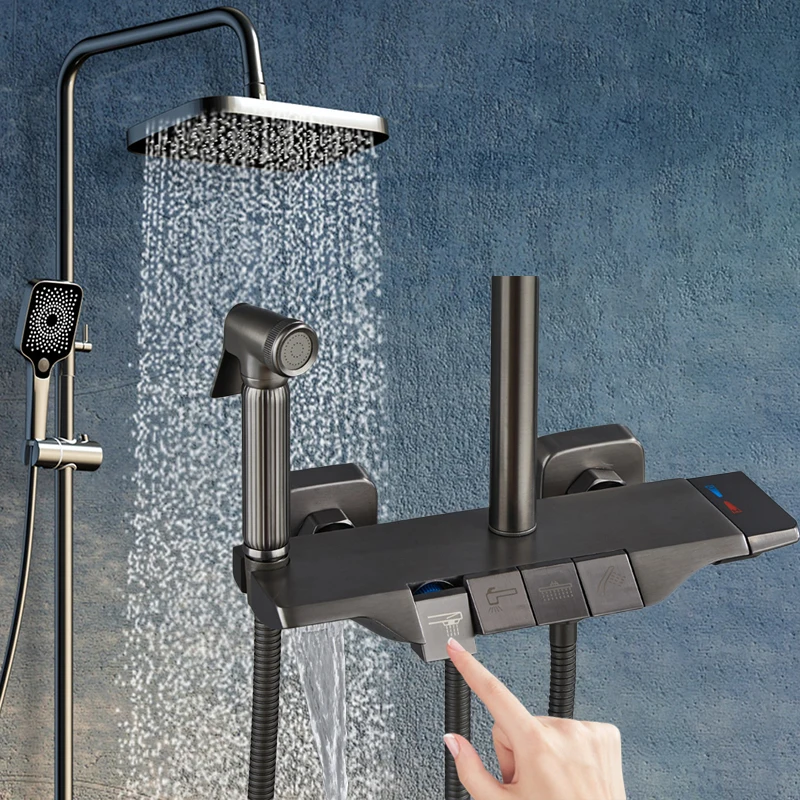 Matte Black Piano Shower System Quality Brass Bathroom Shower Mixer Faucet Hot Cold Water Tap White Piano Bathroom Shower Set