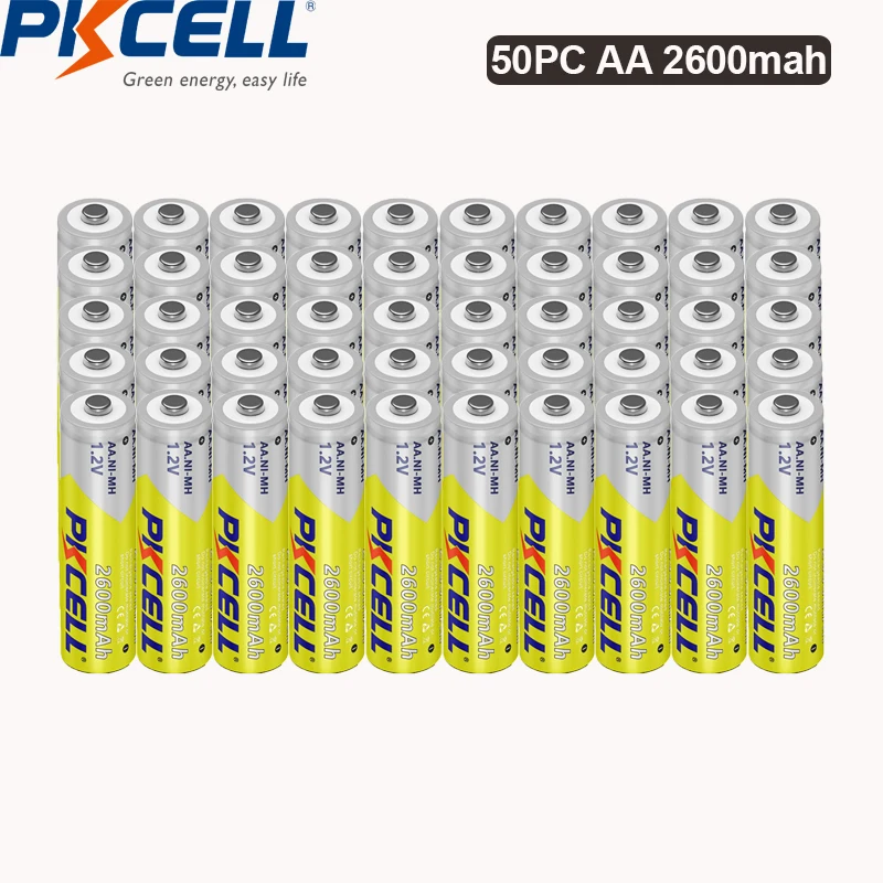 

50 шт., аккумуляторные батарейки PKCELL AA 2300-2600 мАч, 1,2 в, Ni-MH, до 1000 циклов