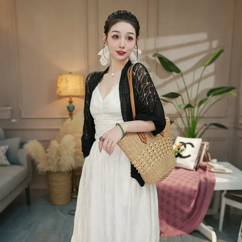 

Women's Ice Silk Shawl Hollow Knitted Sweater Breathable Small Camisole High-End Feel Sun Protection Outerwear Cloak