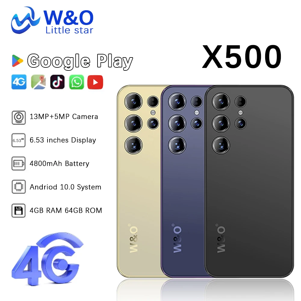 هاتف ذكي W&O X500 4G يعمل بنظام أندرويد وذاكرة وصول عشوائي 4 جيجابايت + 64 جيجابايت ROM هاتف محمول بشريحتين 6.53 بوصة وبطارية مزدوجة 4800 مللي أمبير في الساعة وكاميرا 5 + 13 ميجابكسل هاتف محمول للبيع