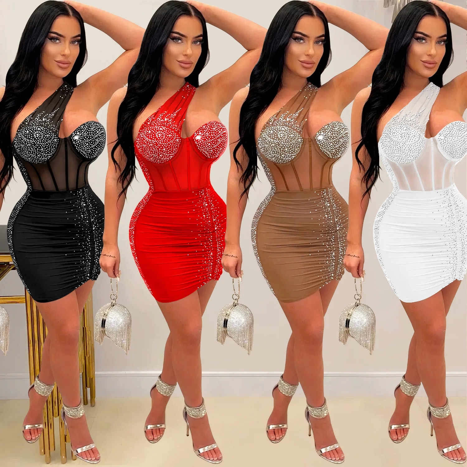 

Sexy Shoulder Mesh Rhinestone Short Prom Dress See Through Night Club Outfits Evening Gowns Party Sexy Bodycon Mini Dresses