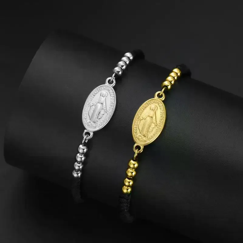 1Pcs Stainless Steel Cross Women's Red Bracelet Holy Mother Mary Pendant Bracelet Rouge Gold Color Jewelry Religious Gifts