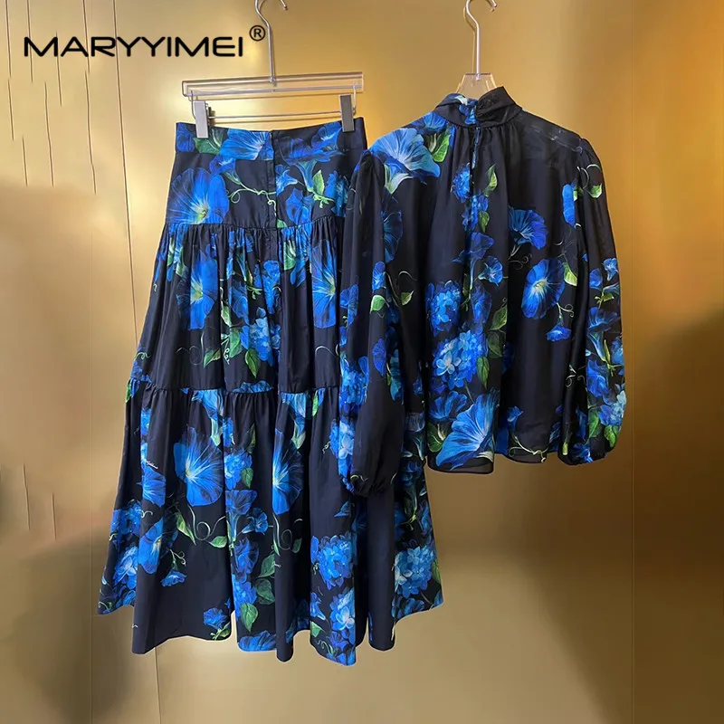 MARYYIMEI New Vintage Silk Scarf Collar Printed High-Quality Shirt + Cotton Blue Flower Printed Skirt Two-Piece Set