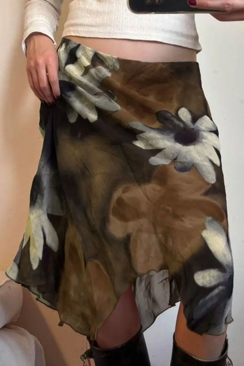 

Юбка миди Y2K с цветочным принтом и сеткой, женская, с низкой посадкой, А-силуэт, свободный крой, с высокой талией, с пайетками, осенняя, для женщин