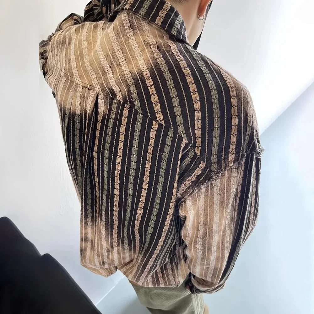 Y2K Mens Shirt Striped Handmade Mottled Faded Long Sleeved Shirt Autumn Washed Daisy Jacquard Vintage Top Men's Clothing 2024