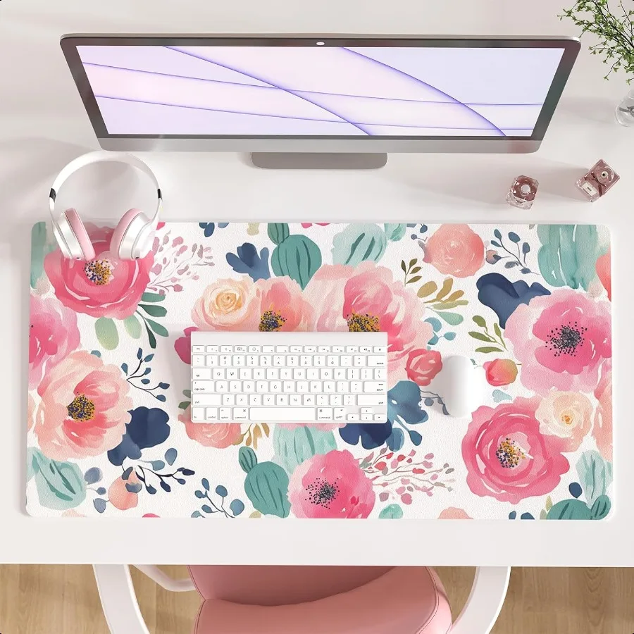 

Large Mouse Pad Pink Floral Desk Mat for Desktop Women Girls Flowers PU Leather Waterproof Desk Pad Computer PC Laptop Protecto